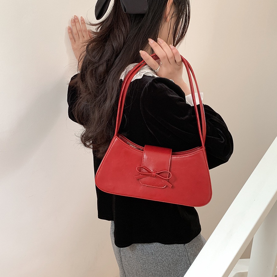 Borsa a tracolla singola rossa da donna 2024, nuova versione coreana, alla moda, minimalista, con fiocco sottobraccio_voghion.com