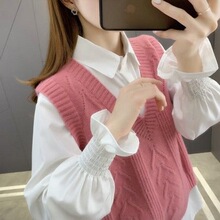 暖枫莱2026年新款毛衣女装衬衫马甲背心两件套装针织衫春秋宽松洋