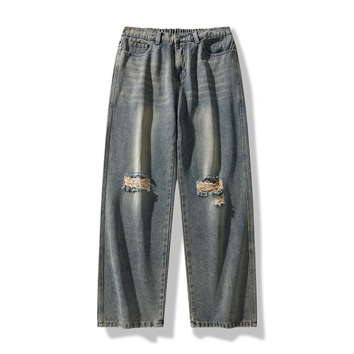 Vintage, broken hole, young and young jeans, men's four-season new style, loose, wide-leg, high-rise, fashionable straight casual long pants