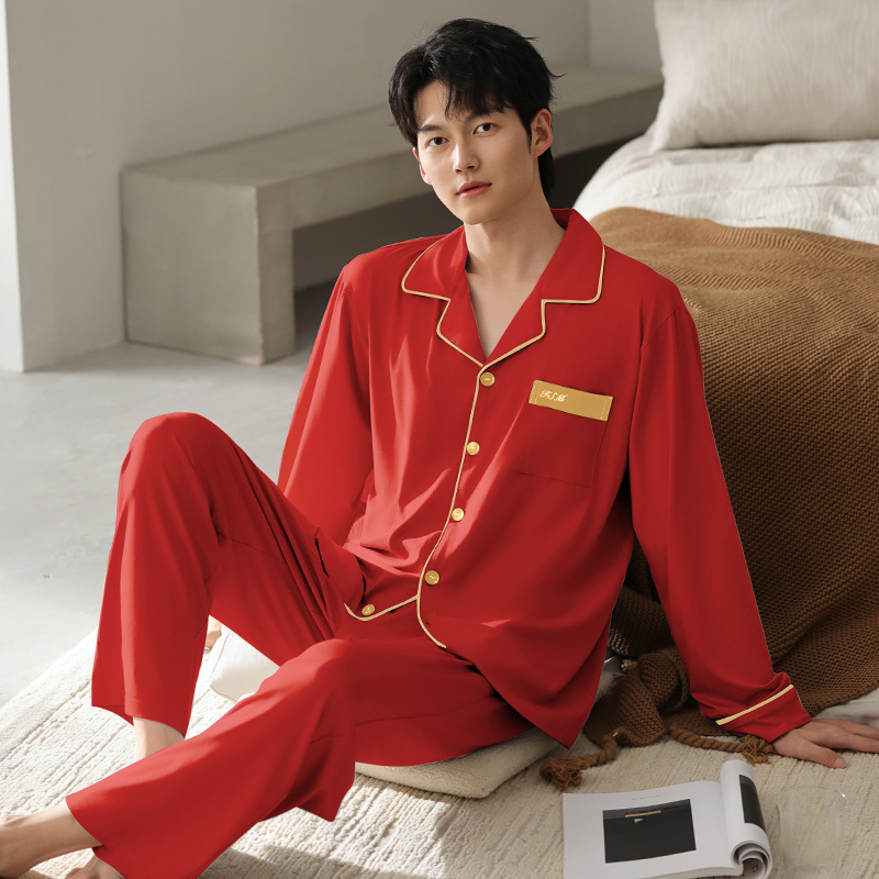 Pajamas for Men in Autumn and Winter Modal Long-Sleeved Cardigan Red Festive Zodiac Year Newlyweds Wedding All Year Round Home Clothes