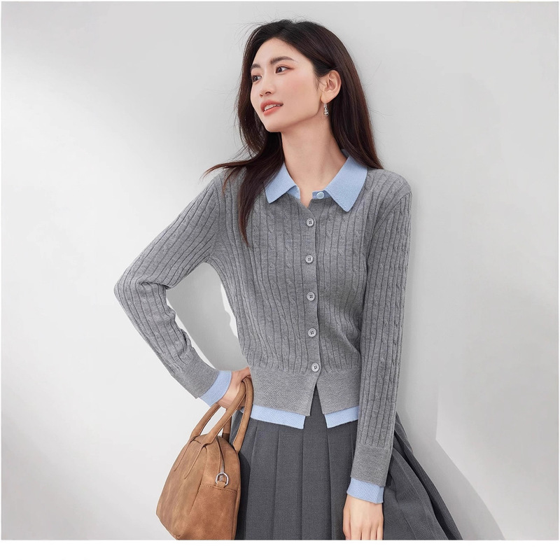 Longman** Women's Ribbed Striped Knit Cardigan 2025 Autumn New Simple Commuter Fake Two-Piece Patchwork Top