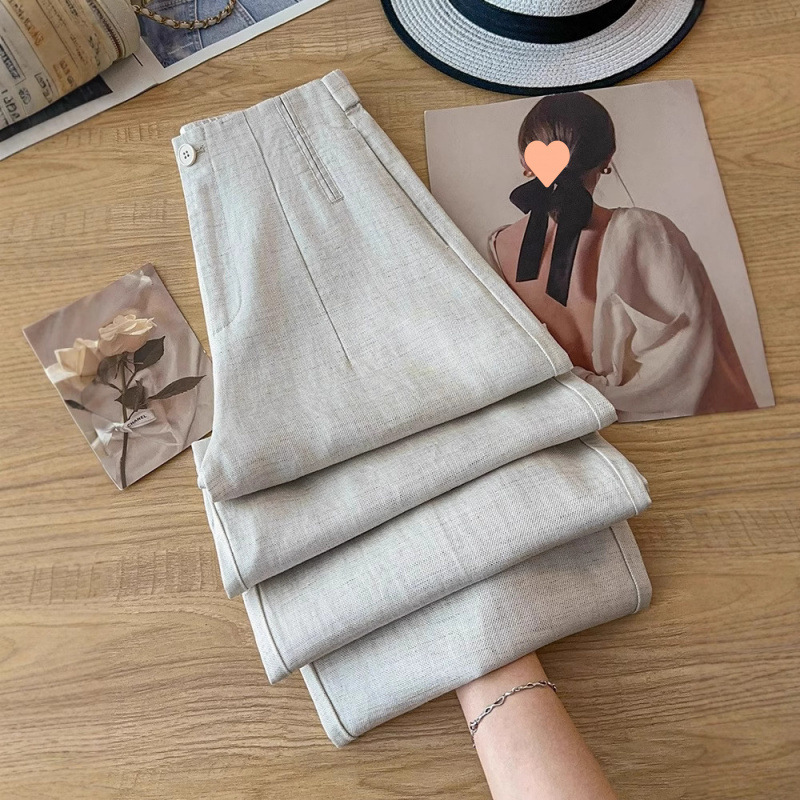 藏青色天丝亚麻直筒裤女夏季薄款2025新款九分裤苎麻棉麻阔腿裤子|undefined