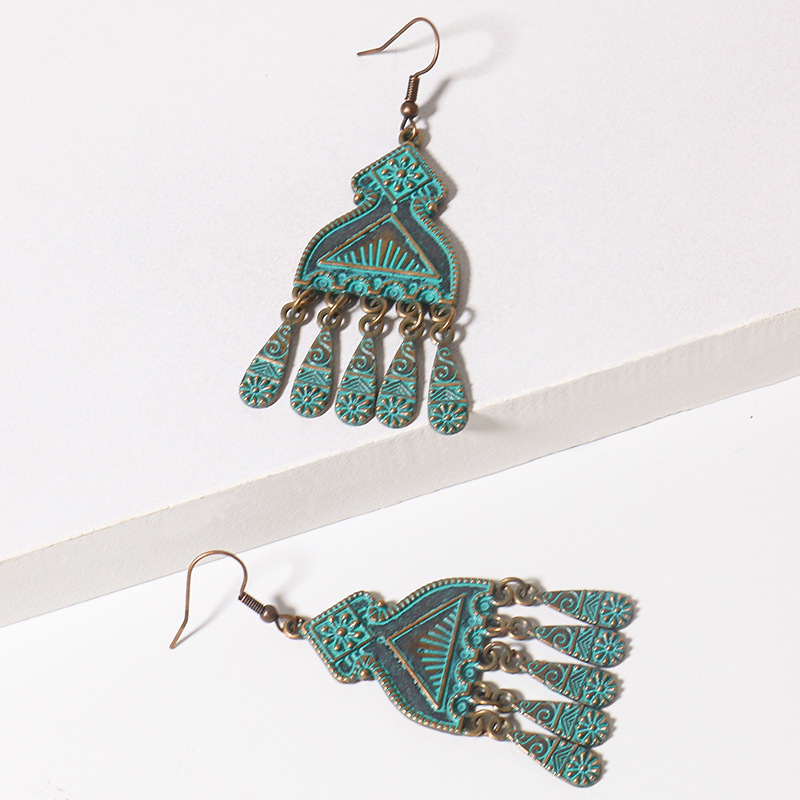 Wholesale Jewelry 1 Pair Ethnic Style Oval Water Droplets Flower Alloy Turquoise Chandelier Earrings display picture 4