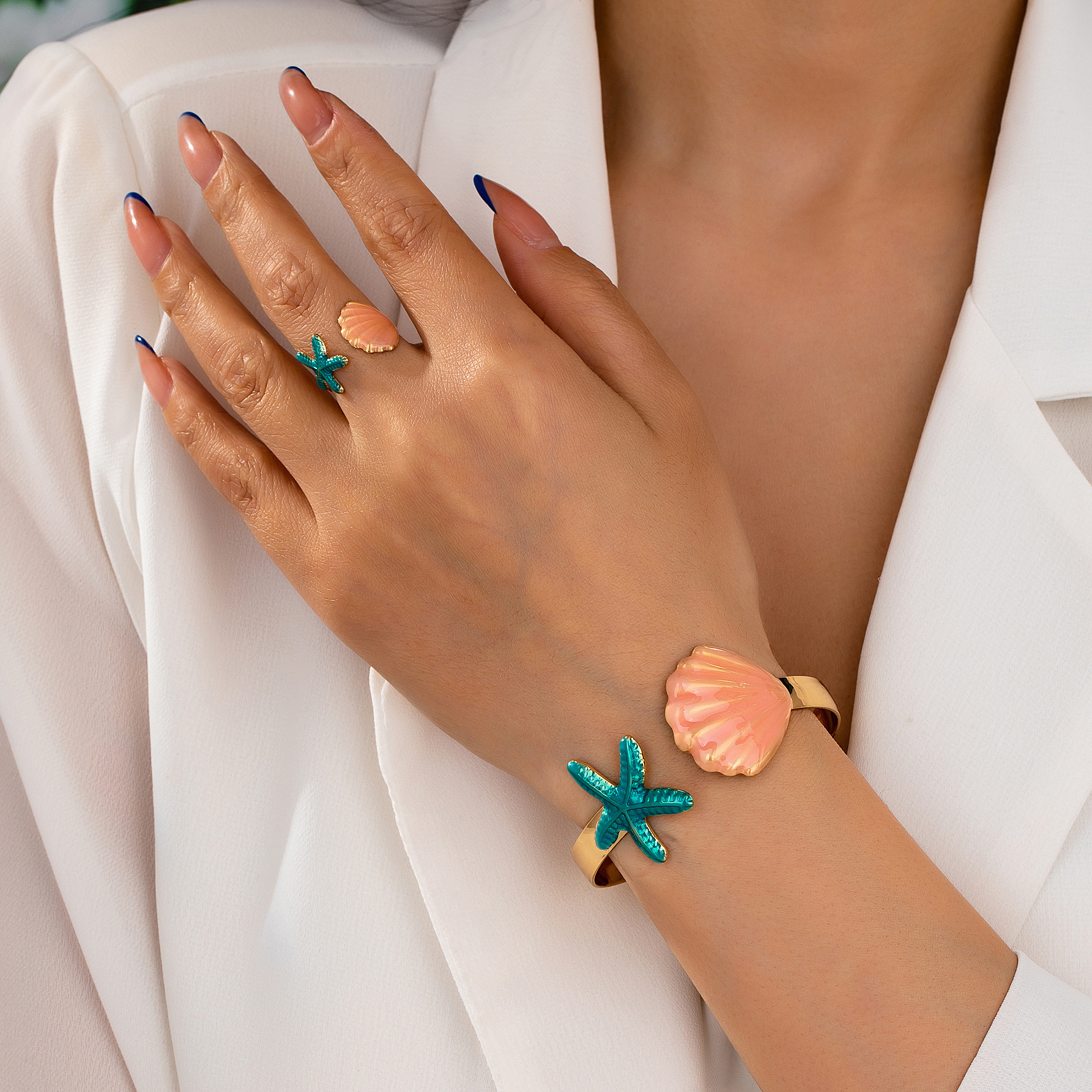 New Summer Niche Oil-drip Starfish Shell Bracelet Ring Set Suitable For Women's Daily And Vacation Wear_voghion.com
