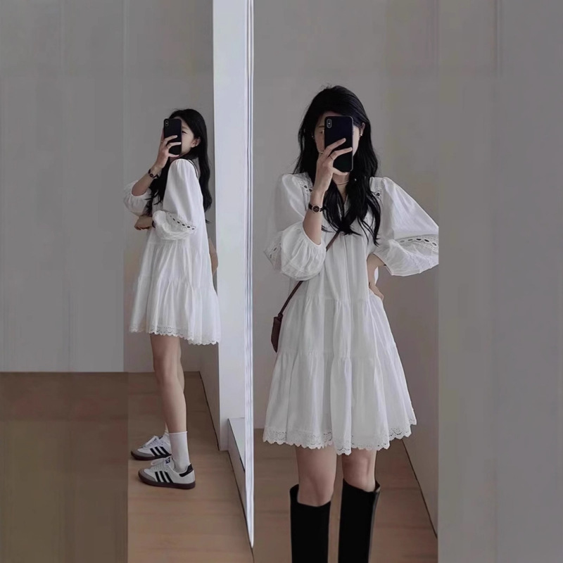 法式白色泡泡袖衬衫连衣裙女2025新款秋装小个子长袖云南旅游穿搭|undefined