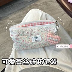 かわいいレースの花鉛筆バッグイン高価値新鮮なピンクと白のチェック柄文具収納袋学生鉛筆バッグ女性