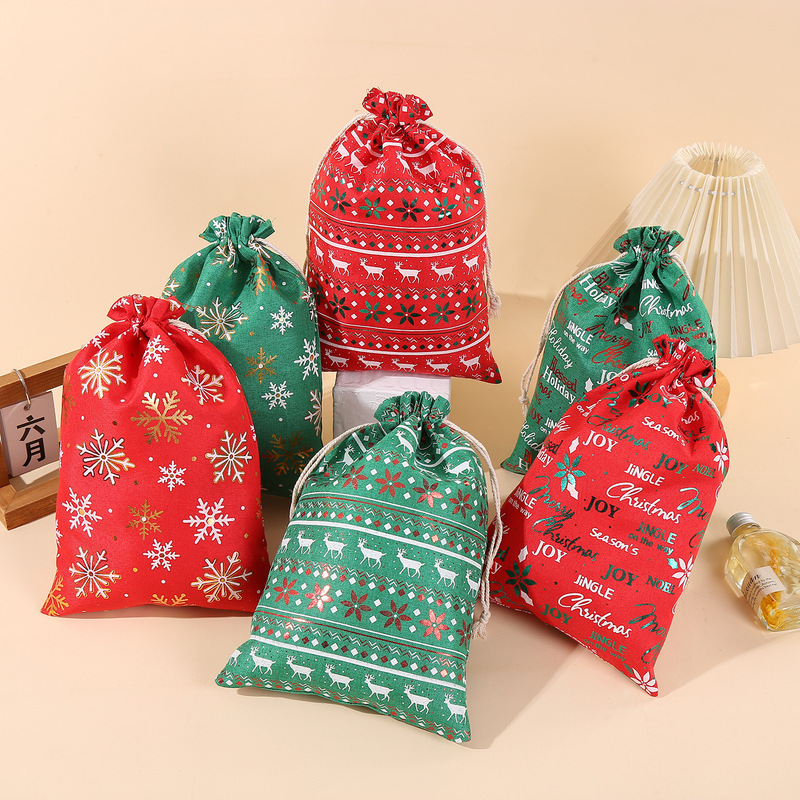 国境を越えた新しいクリスマス麻布箔押しギフト布袋雪花・ヘラジカ・細麻クリスマスロープポケット|undefined