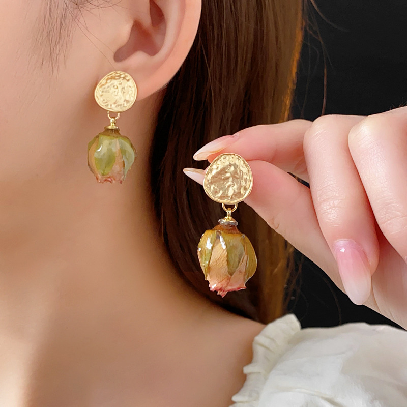 European and American Retro Handmade Real Flower Eternal Flower Bud Earrings Cross-Border Fashion Vintage Earrings High-End Earrings for Women