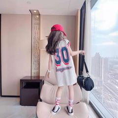 Girls' Summer Dress 2024 New Middle-Size Children Korean Style Trendy Sleeveless Blouse Dress with Back Heart Long T-Shirt Skirt