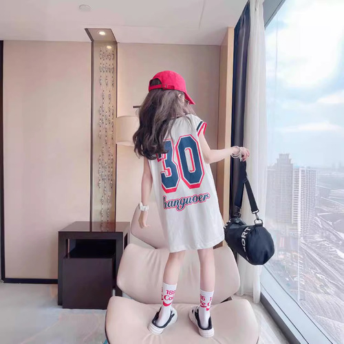 Girls' Summer Dress 2024 New Middle-Size Children Korean Style Trendy Sleeveless Blouse Dress with Back Heart Long T-Shirt Skirt