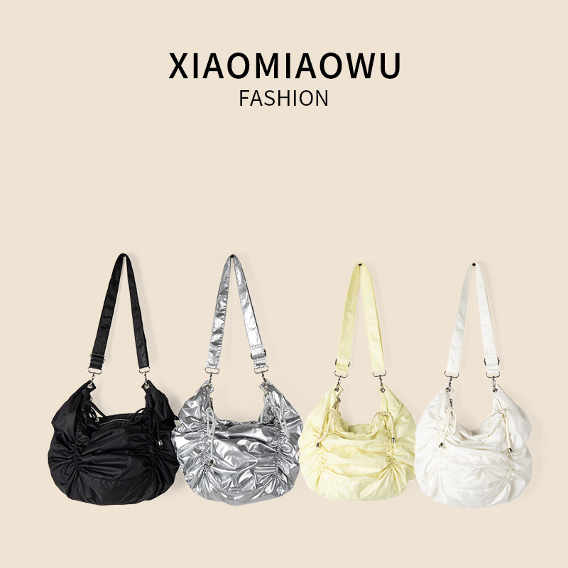 Korean high-end solid color shoulder drawstring nylon pleated niche design, casual crossbody bag, women's autumn and_voghion.com