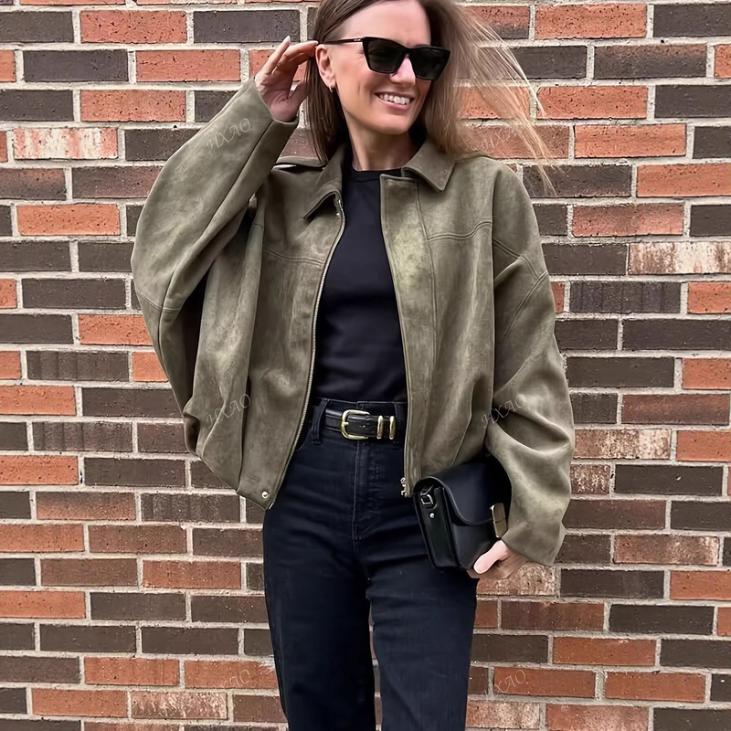 Spot Aliexpress Cross-Border Wholesale European and American Clothing 2025 Fashion Bomber Jacket Bat Sleeve Zipper Top