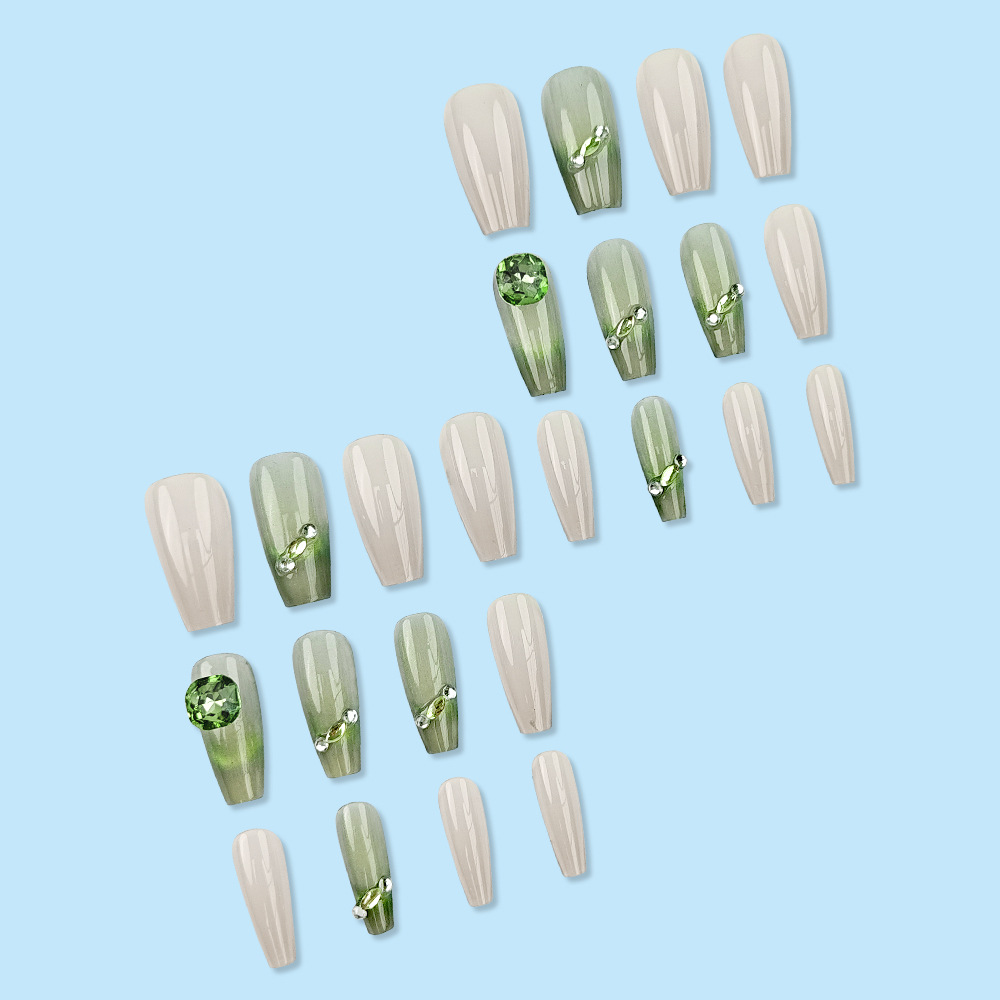 Diamante verde, ojo de gato, uñas largas, lujo brillante, uñas de ballet, 24 piezas, parches de uñas terminados
