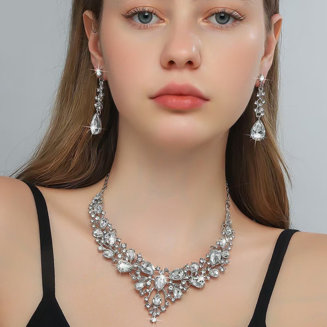 Collar de Novia de Lujo con Incrustaciones de Diamantes en Forma de Gota de Agua, Conjunto de Dos Piezas, Collar Nuevo con Pedrería, Ideal para Bodas