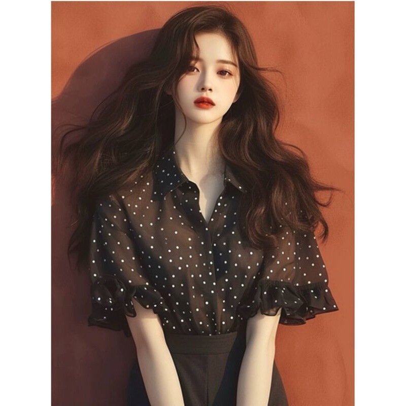 Black Polka Dot Ruffled Chiffon Short-Sleeved Shirt for Women, Summer 2026 New Style, French-Style High-End Elegant Top