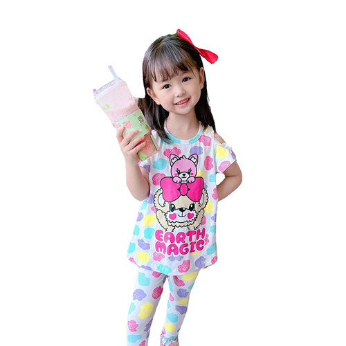 2024 New Girls Summer Clothes EM Japanese Trendy Children's Clothes Cartoon Bear Off-Shoulder T-Lace Leggings Suit
