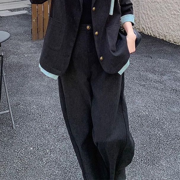 韩版高级感牛仔拼接西装外套阔腿裤两件套女春春秋新款长裤套装|undefined