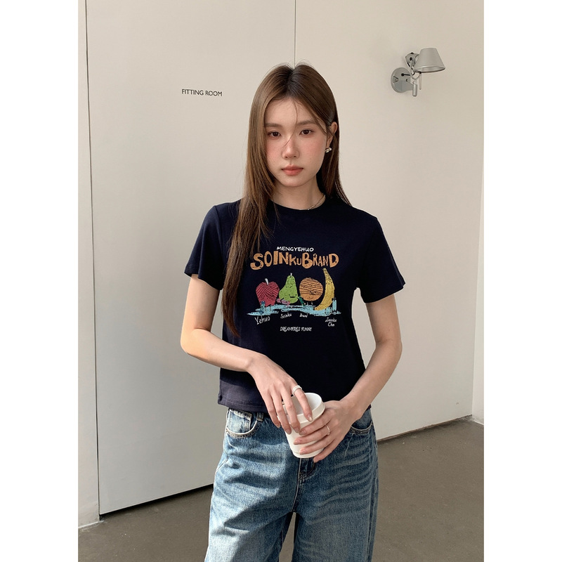 Yir Shirt Fruit Party Right Shoulder Short Round Neck T-Shirt Women's Summer Short Sleeve Korean Casual Easiest for Match Top 0427