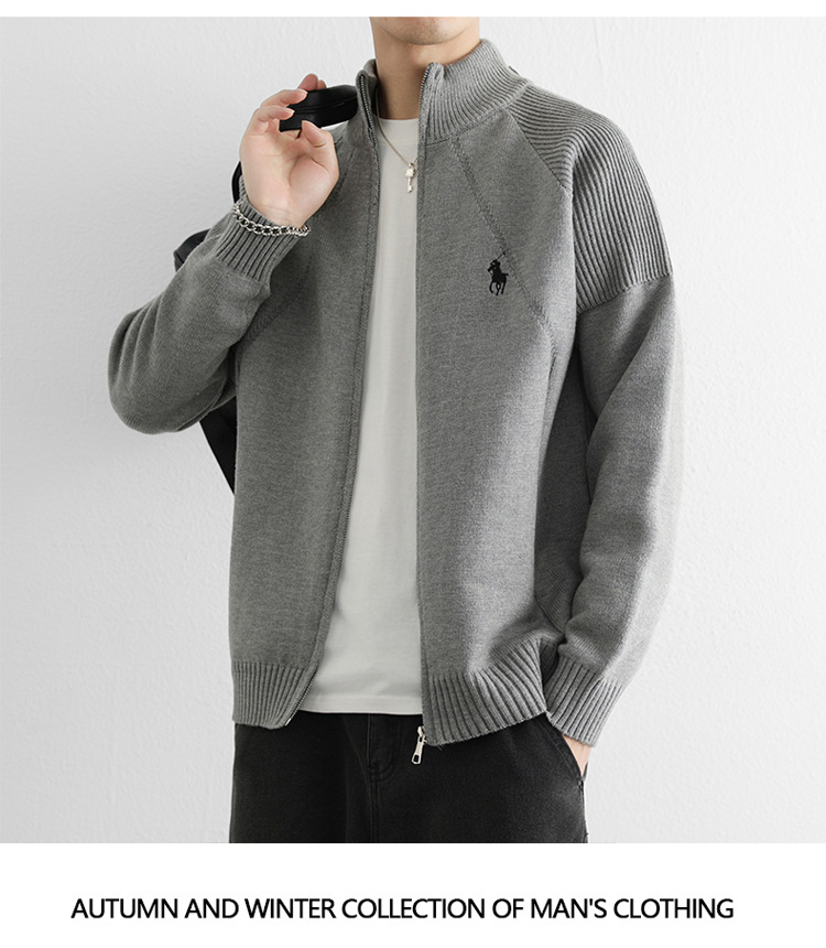 Gilet cardigan homme à double fermeture éclair, logo équitation tendance, col montant, maille haut de gamme, style business_voghion.com
