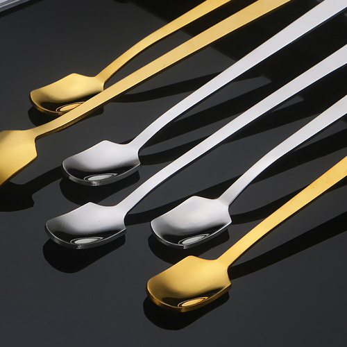Stainless steel square head spoon, golden long handle small square spoon, coffee spoon, stirring spoon, tea spoon, exquisite dessert spoon