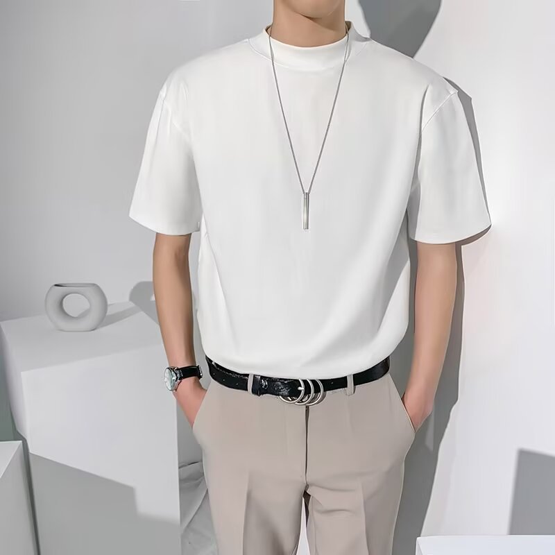 하프 터틀넥 화이트 캐주얼 솔리드 컬러 티셔츠 하이 엔드 가벼운 성숙한 스타일 남성 반팔 티셔츠 바닥 셔츠 트렌드