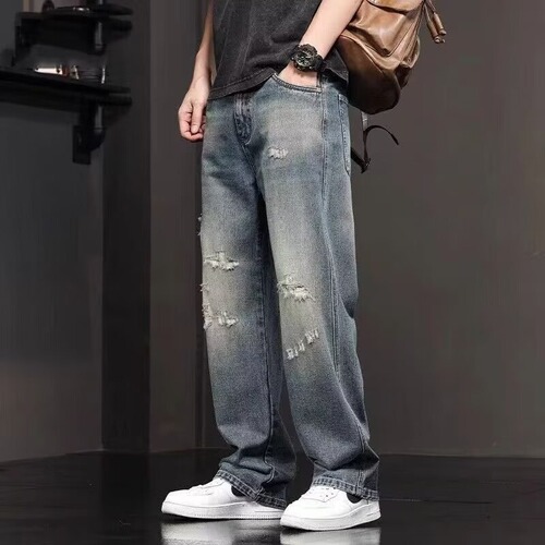 American-style ripped jeans for men, summer new straight-leg loose wide-leg casual pants, washed long pants for men