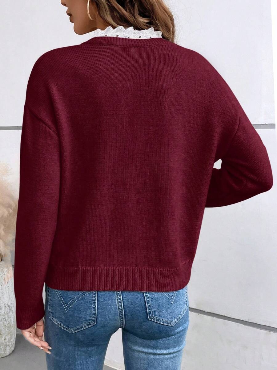 Damen Strickpullover Mit V-ausschnitt Und Spitzenbesatz Langarm_voghion.com
