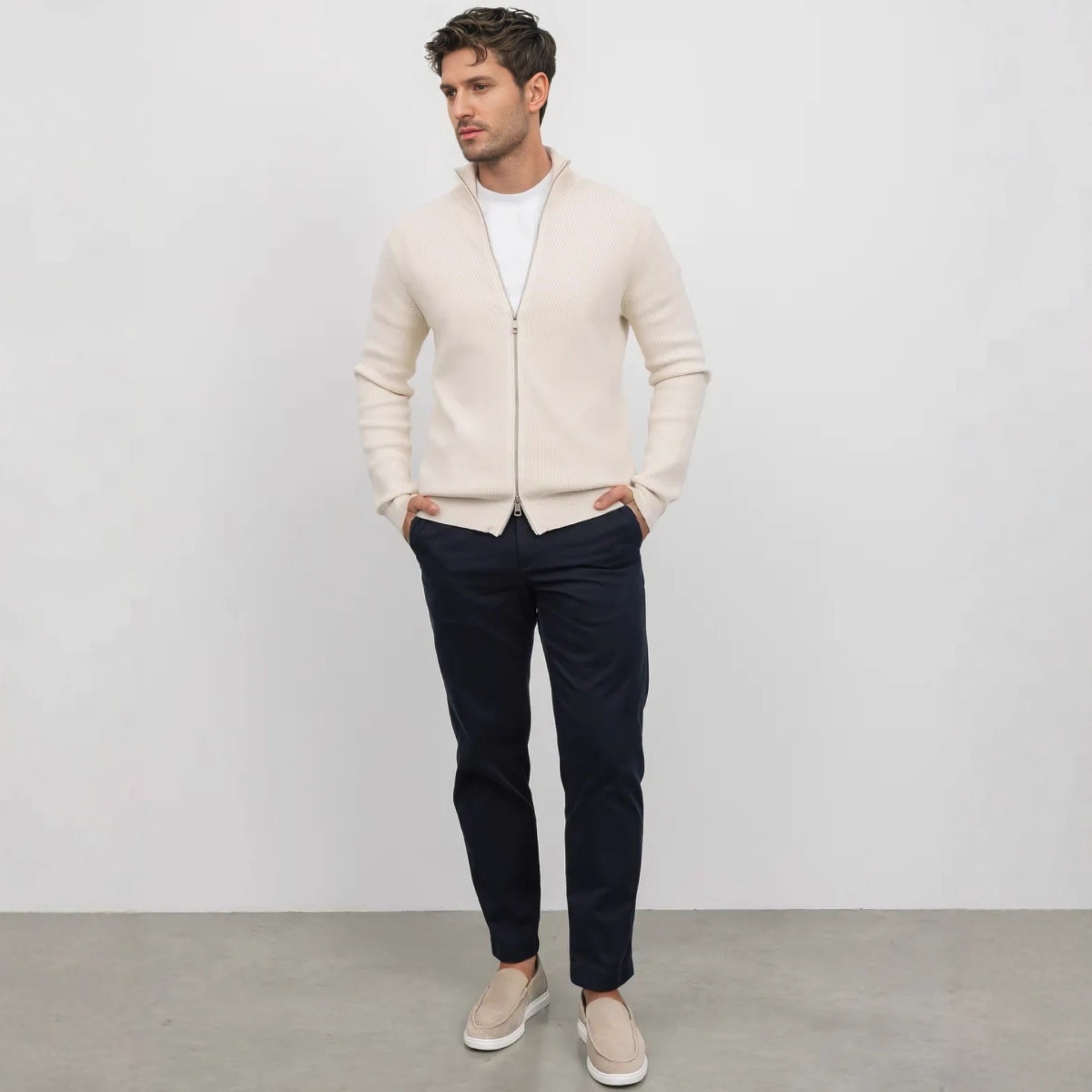 Hombre de cuello alto de doble cabeza cremallera suéter otoño y invierno nuevo estilo de ropa casual de hombre de negocios de color sólido delgado jersey cardigan superior