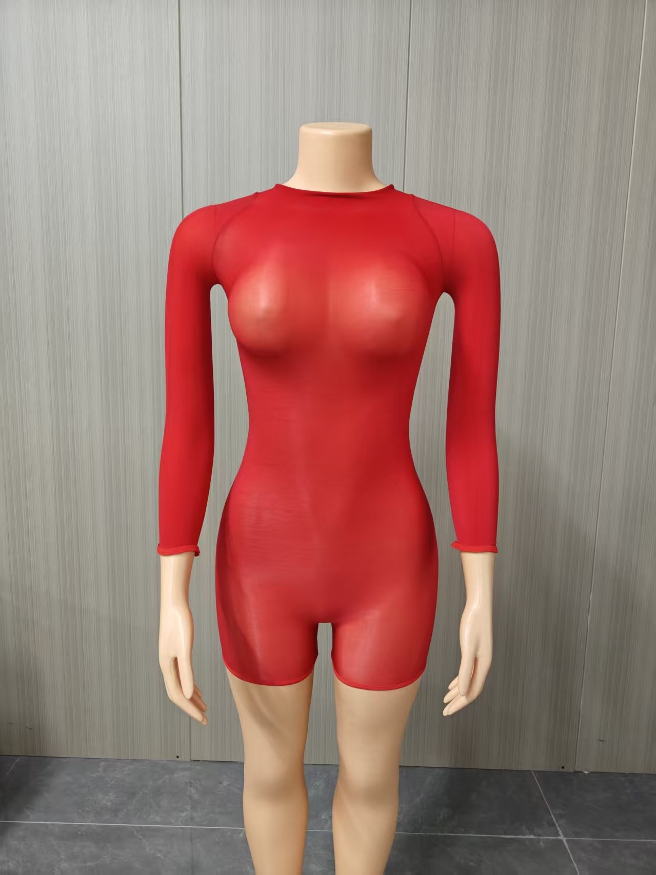 Glänzender Transparenter Bodysuit Langarm Elastischer Catsuit_voghion.com