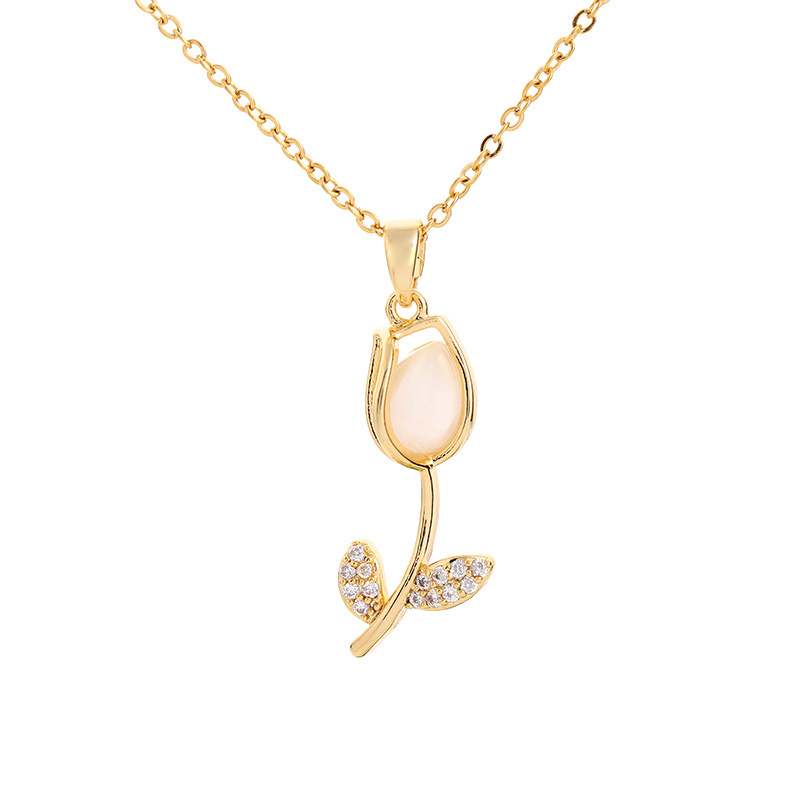 tulips Pattern Women's Gender Wholesale Jewelry Casual Simple Style Tulips Titanium Steel Cat's Eye Stone Zircon Inlay Cable Chain Pendant Necklace
