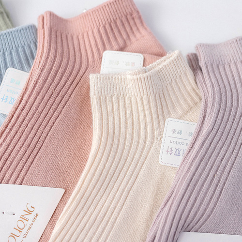 Autumn and summer thin women's double-needle solid color cotton socks short-tube boat socks breathable and sweat-absorbent manufacturer wholesale