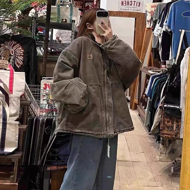 High quality J22 card @ hacarhar cotton-padded jacket washed distressed lapel zipper coat cotton-padded jacket loose couple