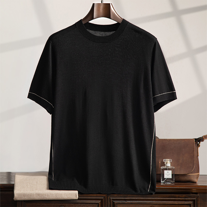 夏の绢糸メンズ半袖カジュアルスーツ薄い通気性ストレートパンツファッションゆるい純色丸襟tシャツ|undefined