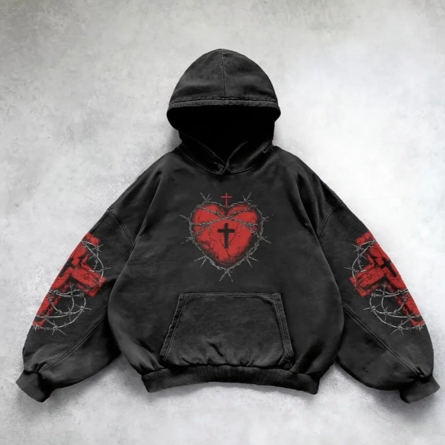 Men's Clothing Fashion Loose Pullover Cross Heart Print Side Pocket Hooded Sweatshirt_voghion.com