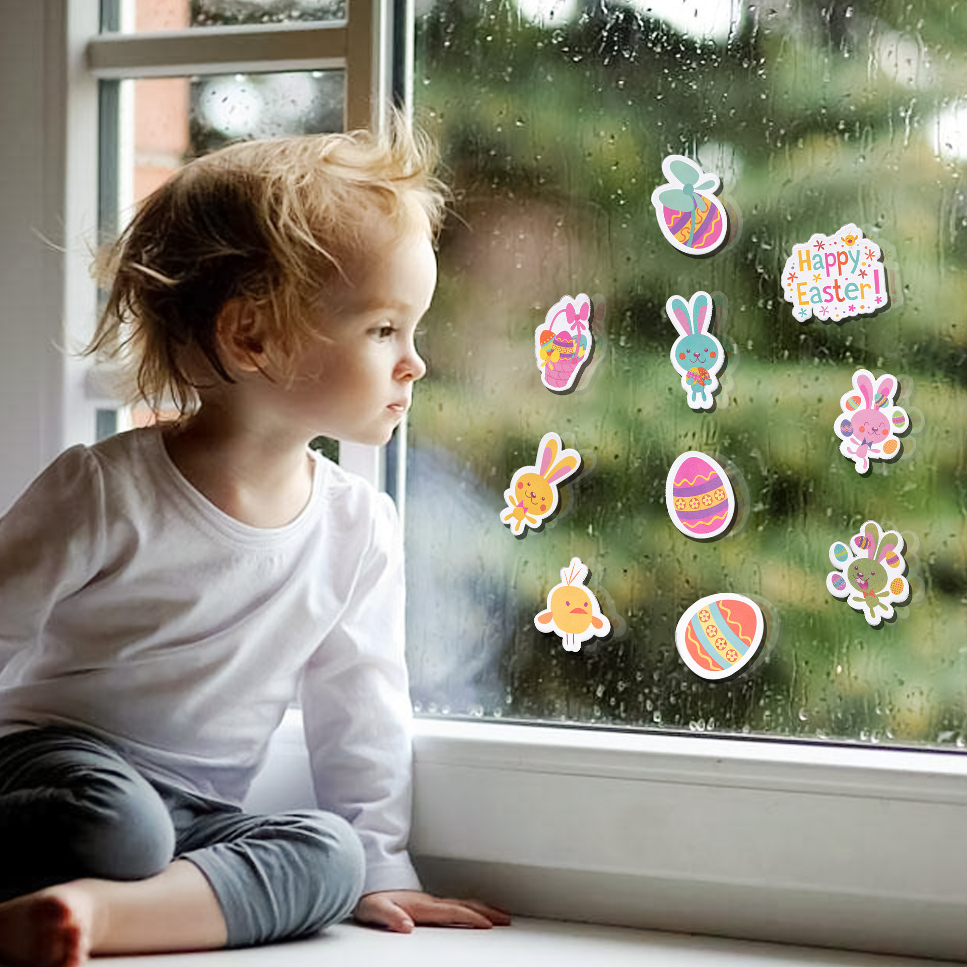 Huevo de conejo de dibujos animados de Pascua lindo pegatinas de ventana con luces LED se puede encender pegatinas de ventana elfo pegatinas estáticas