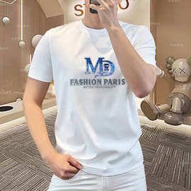 实体品质男士圆领男装短袖冰丝棉T恤重工压花轻奢潮流帅气个性t恤