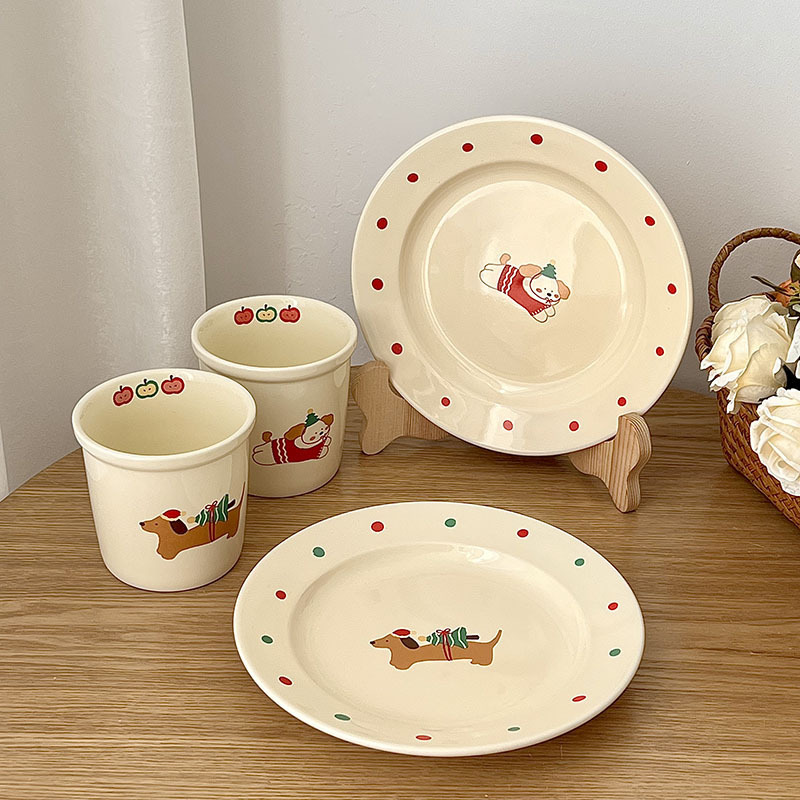 Cute Cartoon Christmas Puppy Ceramic Plate Breakfast Plate High Color Cream Cake Dim Pot Plate High Color Value Gift