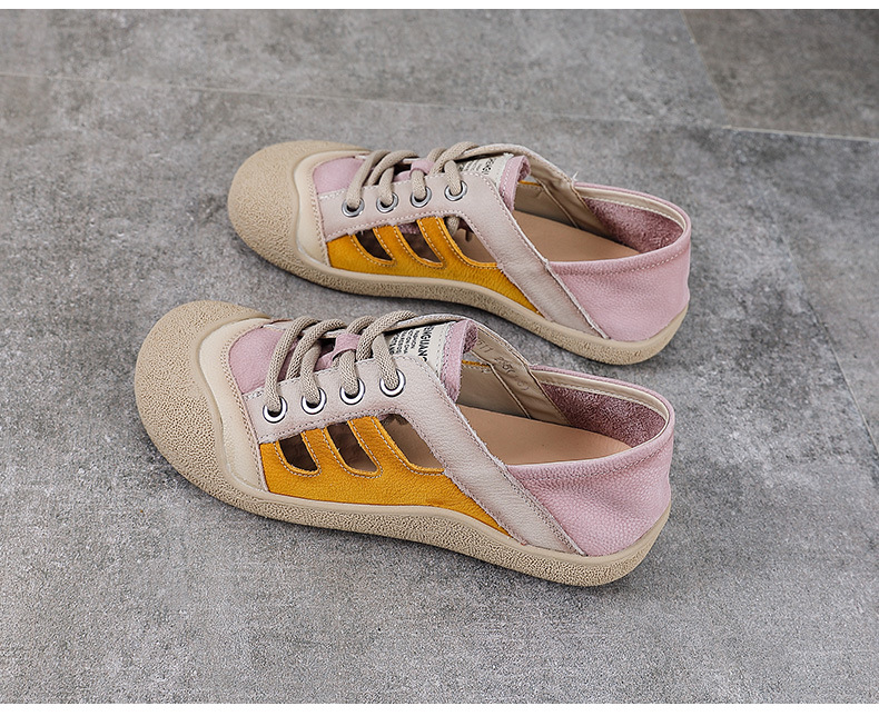 Sandal nữ da bò phối màu cổ điển, đế thấp thoáng khí — màu hồng chi tiết 15