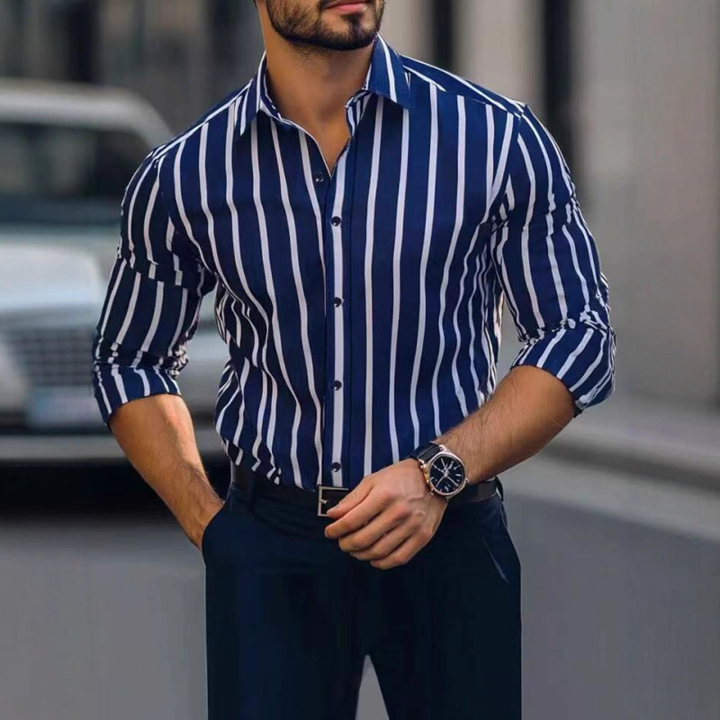 2025 New Men's Shirt Cross-Border European and American Thin Lapel Striped Printed Casual Four-Way Elastic Long-Sleeved Shirt for Men