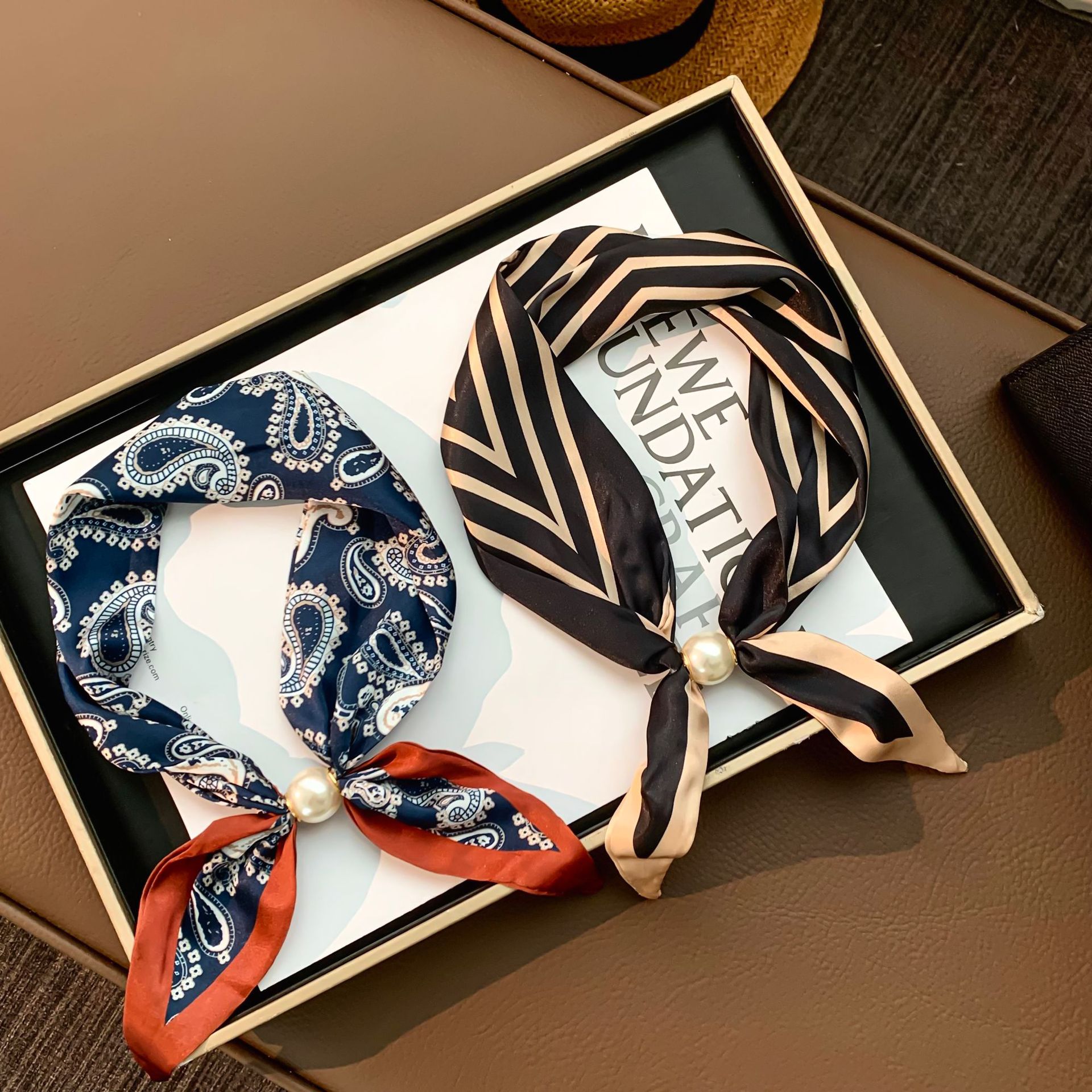 Silk Scarf Long Strip New Versatile Accessory Neck Protector Necklace Accessory Clavicle Small Scarf Neck Warmer Pearl Magnetic Clasp Silk Scarf