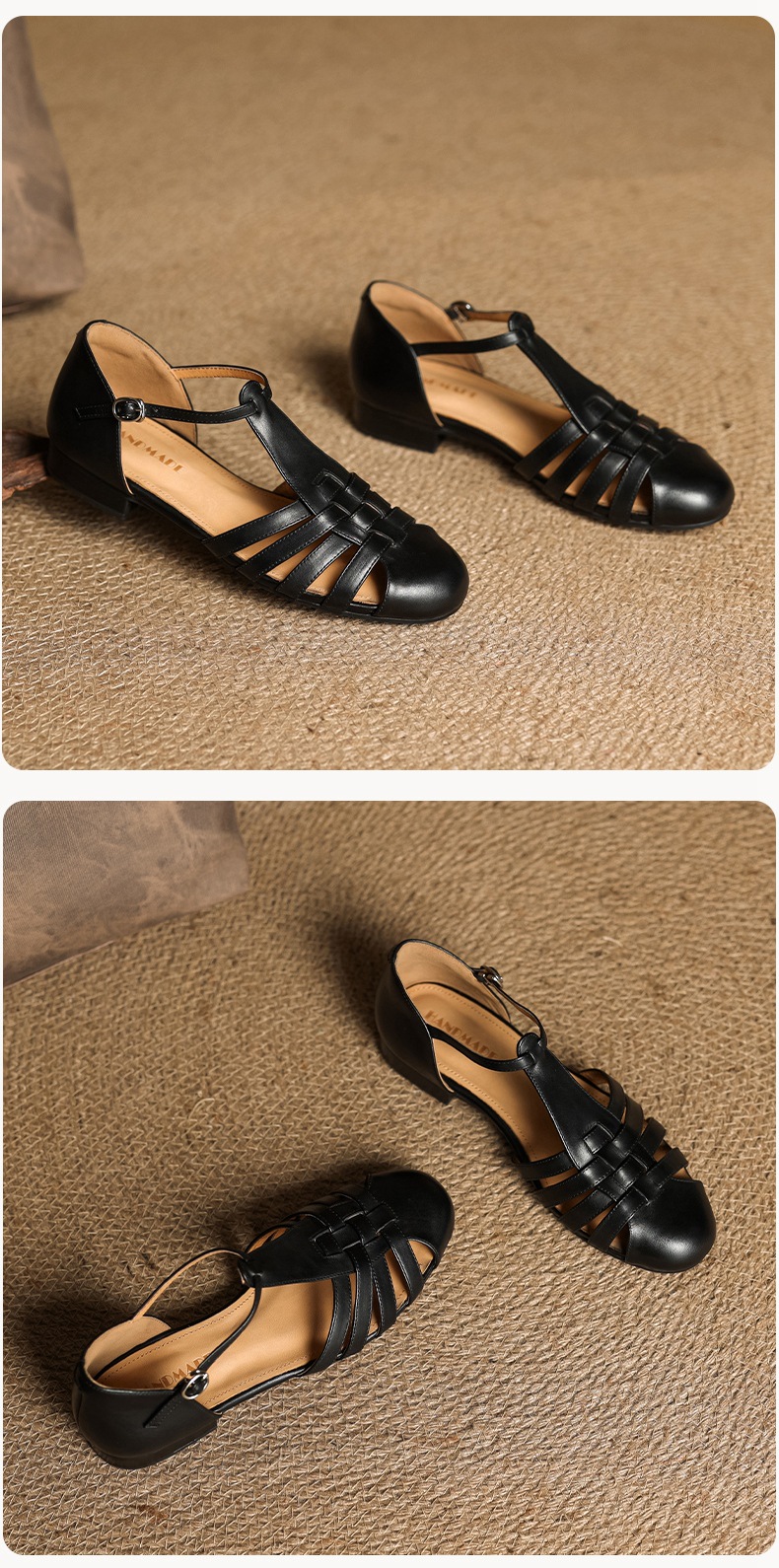 Sandal nữ mũi nhọn da bò quai chữ T gót thấp phong cách La Mã — nâu chi tiết 26