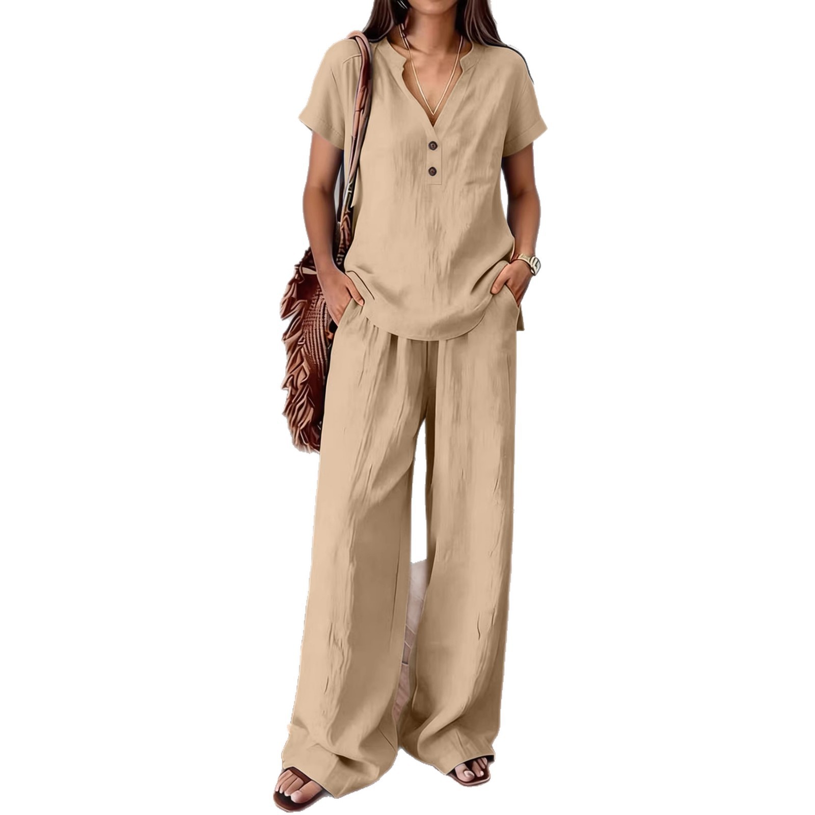 Women's Clothing Women's Casual Cotton Linen Top And Wide Leg Pants Set V Neck Button Up Old Money Style Solid Color_ecoleips.com