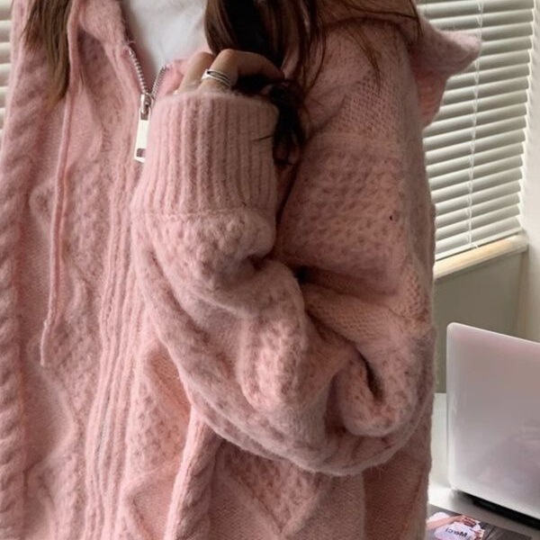 Thick Soft Zip-Up Knit Sweater Coat for Women, Loose Fit, New Style, Hooded, Suitable for Spring and Winter, 300g