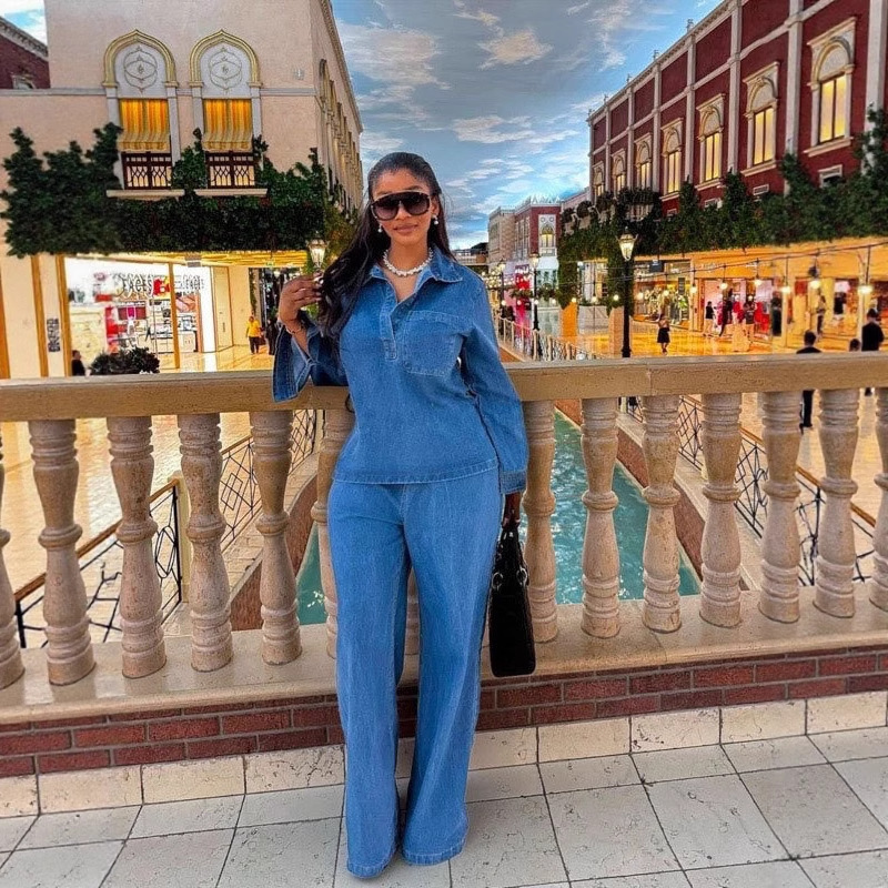 Cross-Border European and American Women's Fashion Denim Suit, Casual Long-Sleeve Lapel Pocket Top with Tie-Up Straight-Leg Pants Set