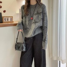 濮院工厂马海毛春装上衣毛衣宽松慵懒风亮片羊毛针织上衣灰色女装