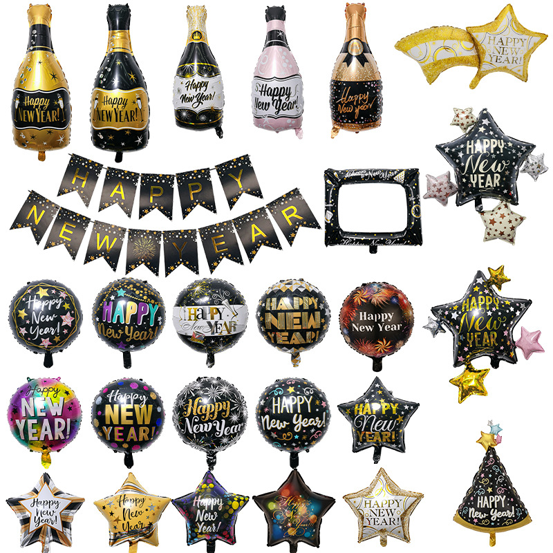 Decoración de fondo de Año Nuevo, globos de aluminio, marco de fotos con botella de FELIZ AÑO NUEVO, decoración de fiesta, arreglo de globos