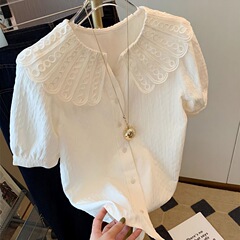 特大サイズ300斤太ったmmフレンチレース半袖シャツ女性夏の薄いタイプのゆるい減齢児童襟上着