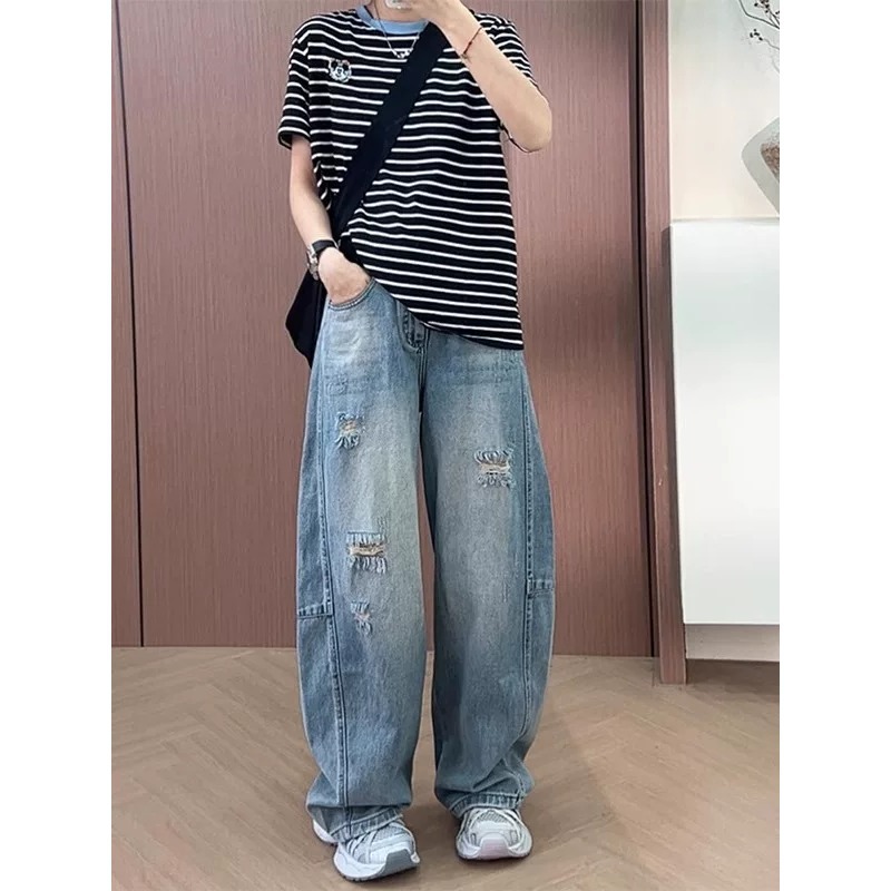 破洞弯刀牛仔裤女夏季大码梨型身材高腰遮胯宽松显瘦香蕉裤阔腿裤