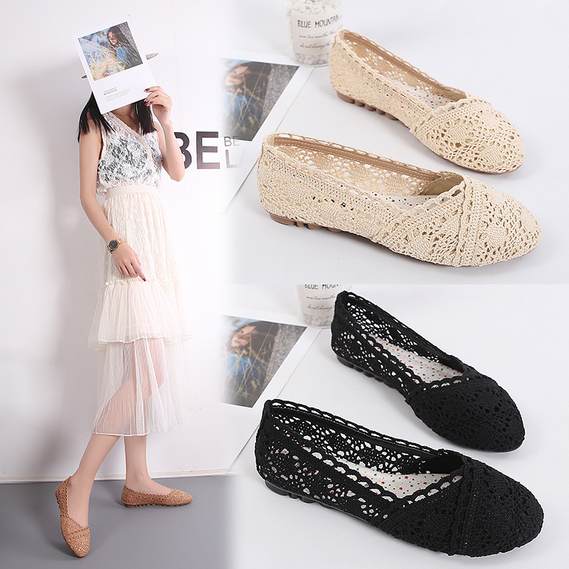 Women's Woven All-match Shoes Fleece Mesh Shoes Soft-soled Rubber Casual Shoes Large Size Mori Style Shallow Mouth Hollow Pattern Single-layer Shoes for Women