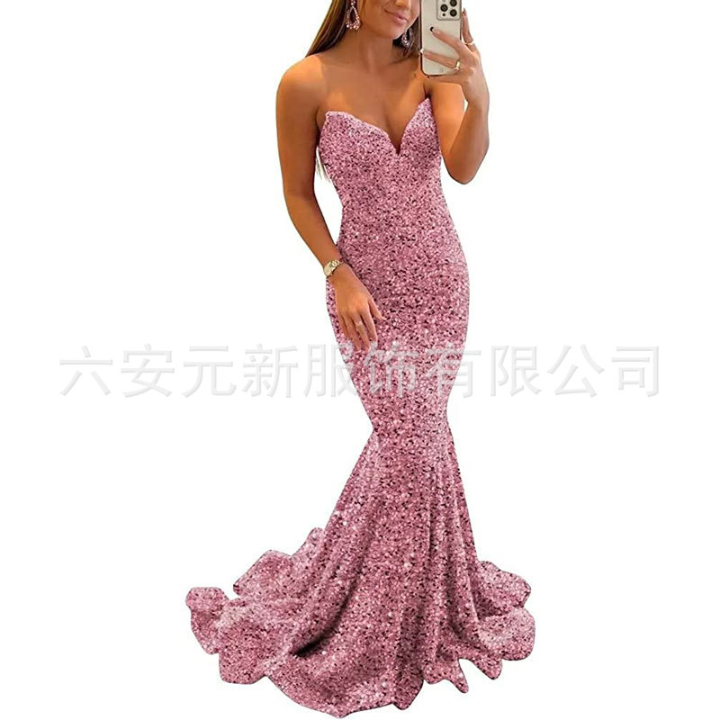 Europeo y americano Comercio exterior Amazon nuevo lentejuelas fishtail sexy V-cuello adelgazamiento largo banquete bola fiesta vestido de noche image 9